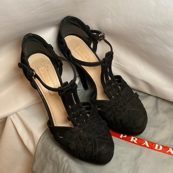Prada T-strap Black Suede Platform Pumps, Size 36.5 - Picture 2 of 8